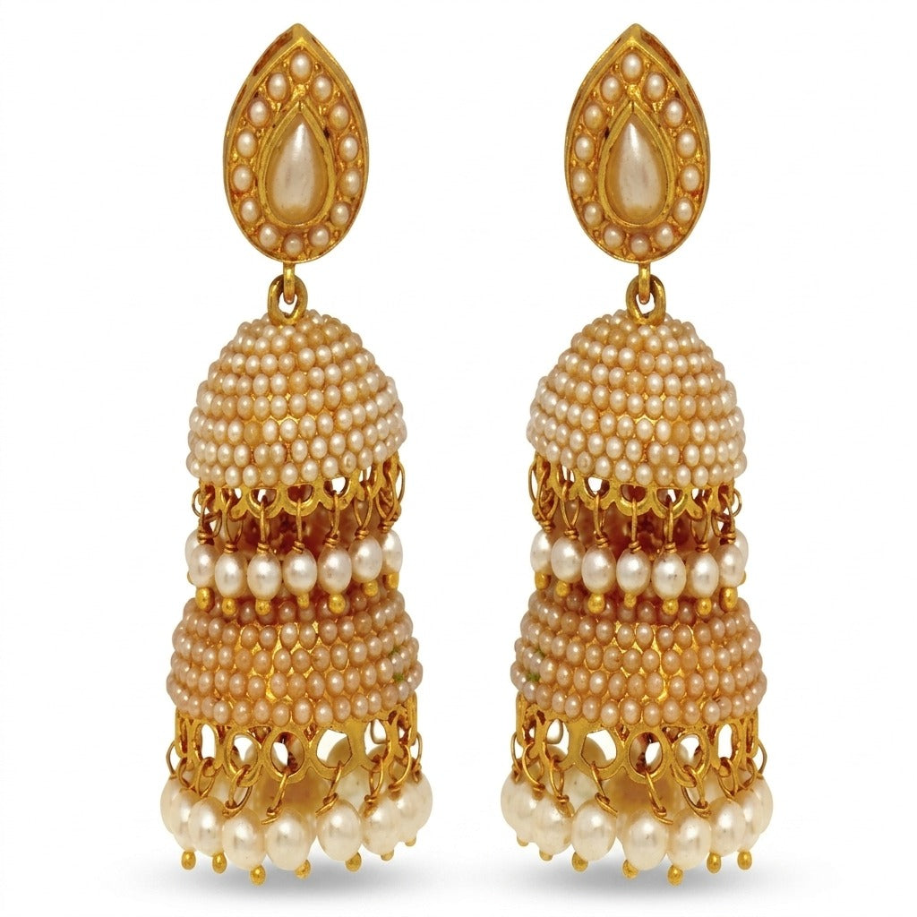 Costume Jhola Dool (E67-0711) in pearl and gold with jhumka design, on a white background – Anjali Jewellers
