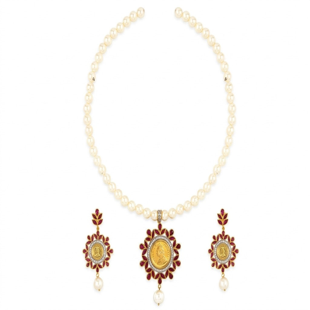 Costume Necklace Set (N64+E66-0699) in pearl, on a white background – Anjali Jewellers