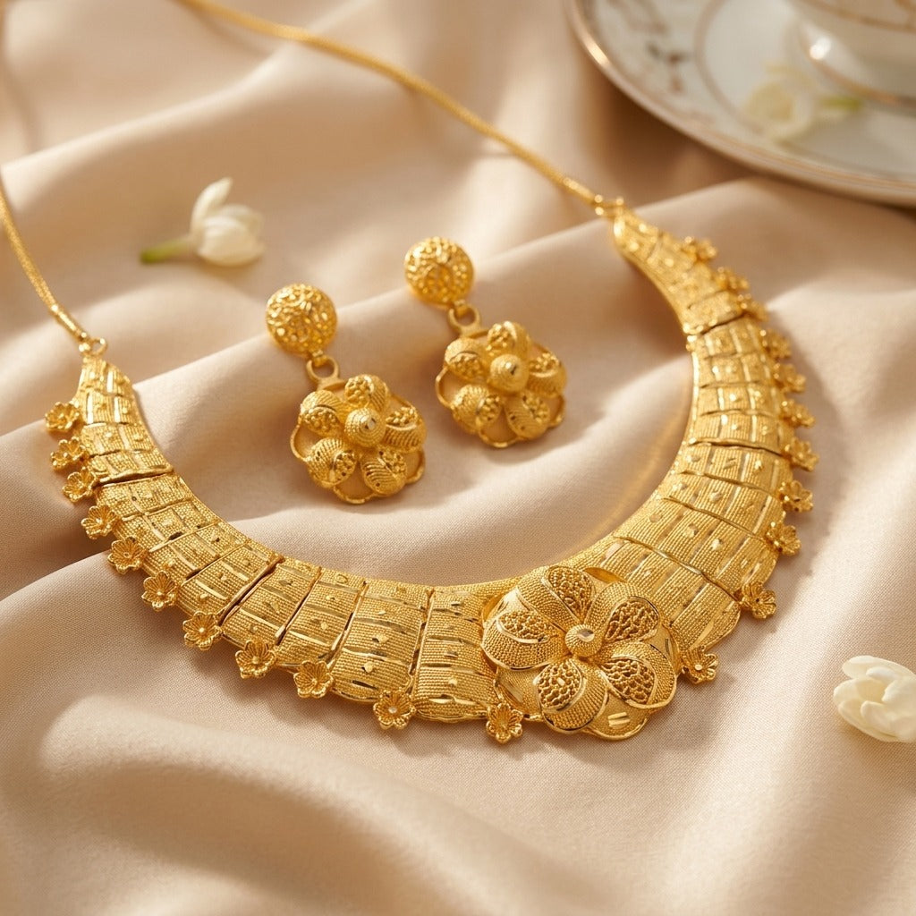 Costume Necklace Set (S72-01088) in gold, styled on silk fabric – Anjali Jewellers