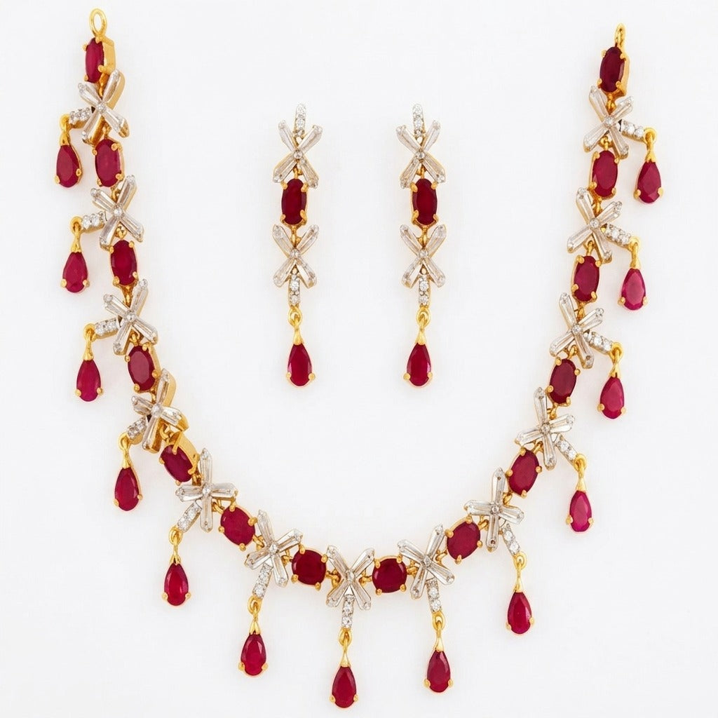 Costume Necklace Set (S72-0339) in ruby and gold, studio product shot – Anjali Jewellers