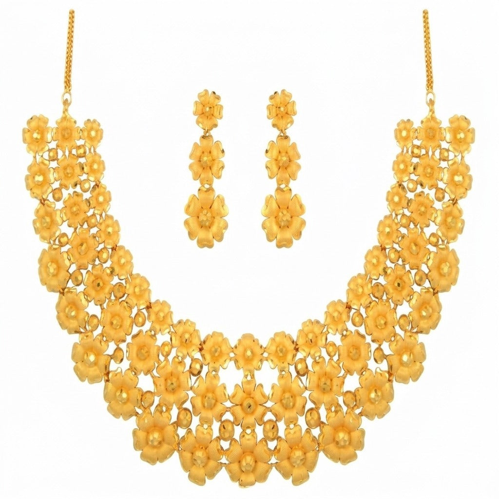 Costume Necklace Set (S72-0693) in gold with floral design, studio product shot – Anjali Jewellers