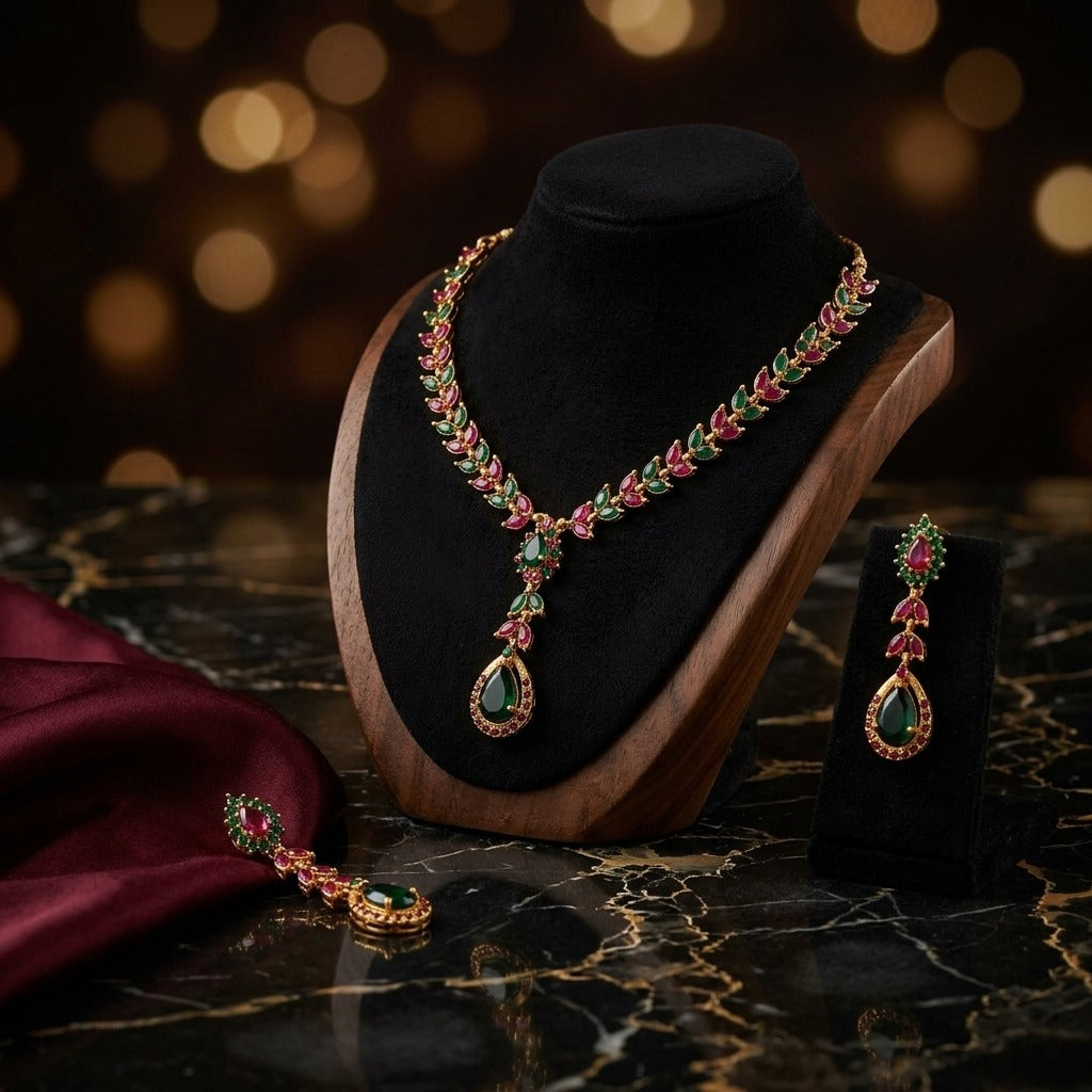 Costume Necklace Set (S72-0712) in gold, styled on a marble surface – Anjali Jewellers
