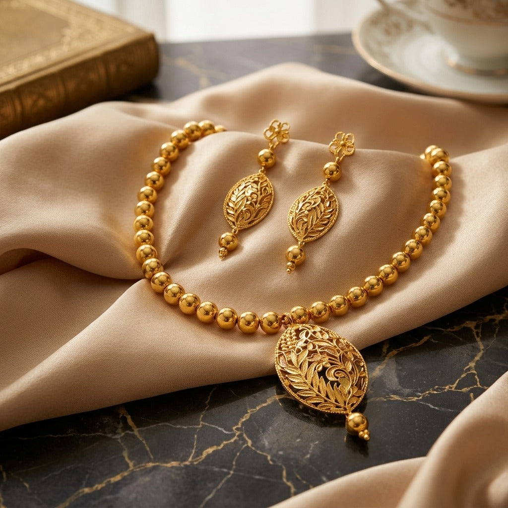 Costume Necklace Set (S72-0717) in gold, styled on silk fabric – Anjali Jewellers