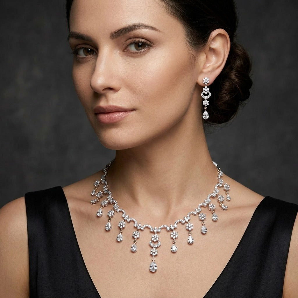Costume Necklace Set (S72-1228) in diamond, worn by a model – Anjali Jewellers