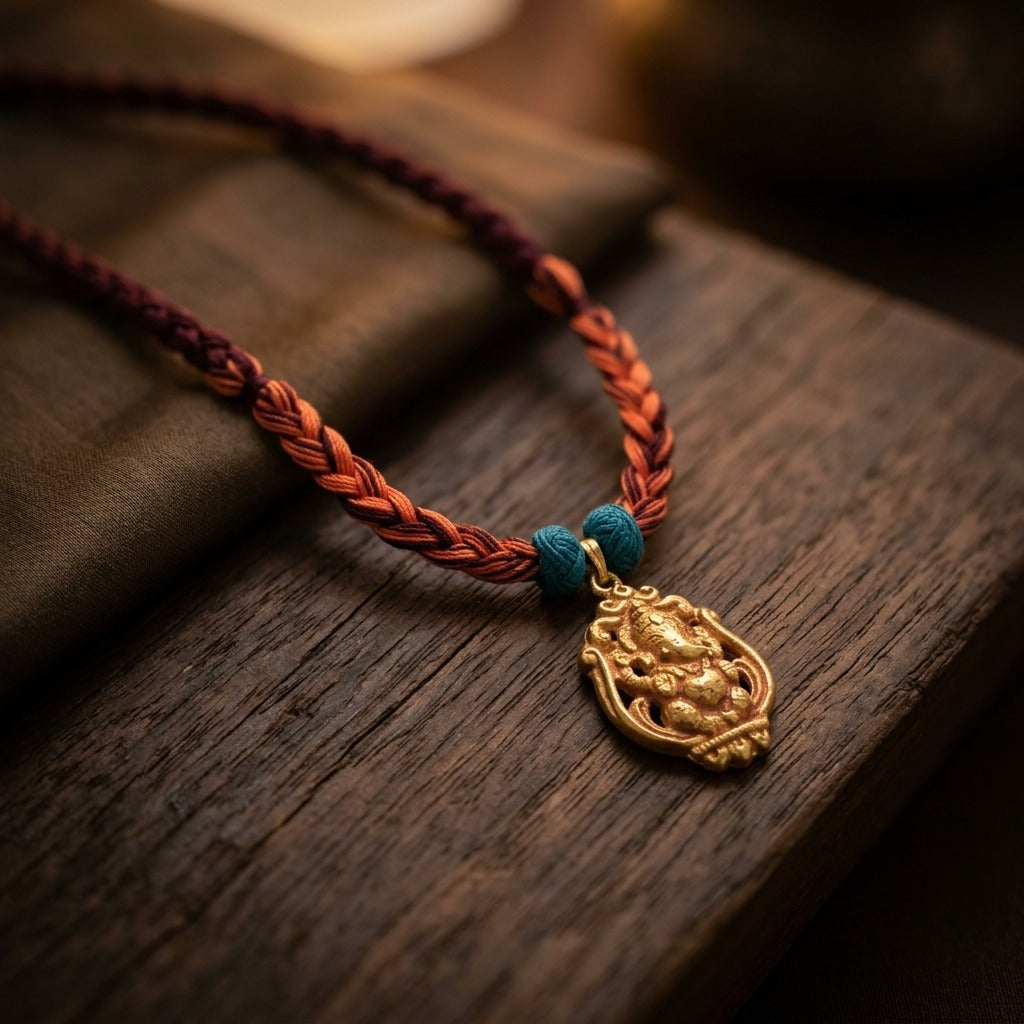 Costume Pendant (N64-04) with Ganesha design, styled on wood – Anjali Jewellers