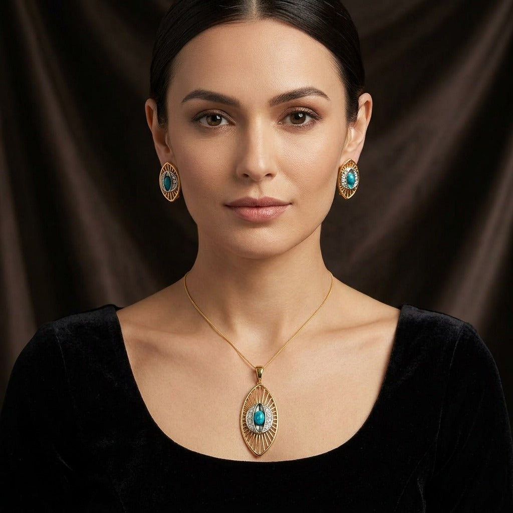 Costume Pendant Set (N64+E66-0340) in turquoise and gold, worn by a model – Anjali Jewellers