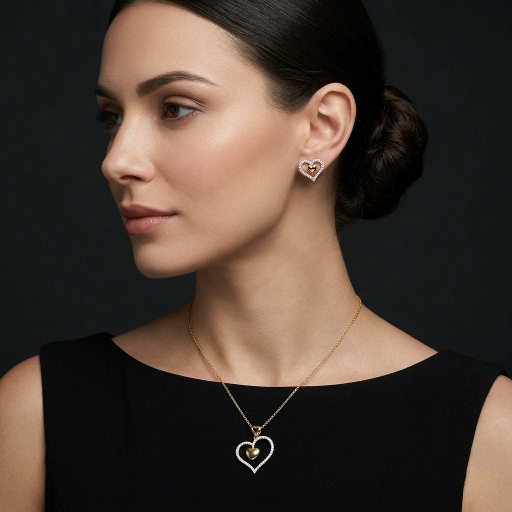 Costume Pendant Set (S72-1281) with heart design, worn by a model – Anjali Jewellers
