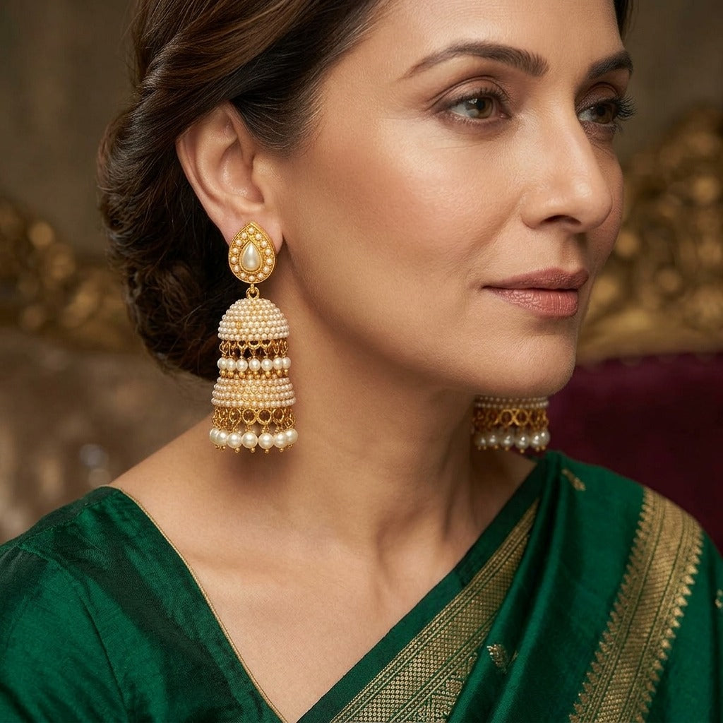 Costume Jhola Dool (E67-0711) in pearl and gold, worn by a model – Anjali Jewellers