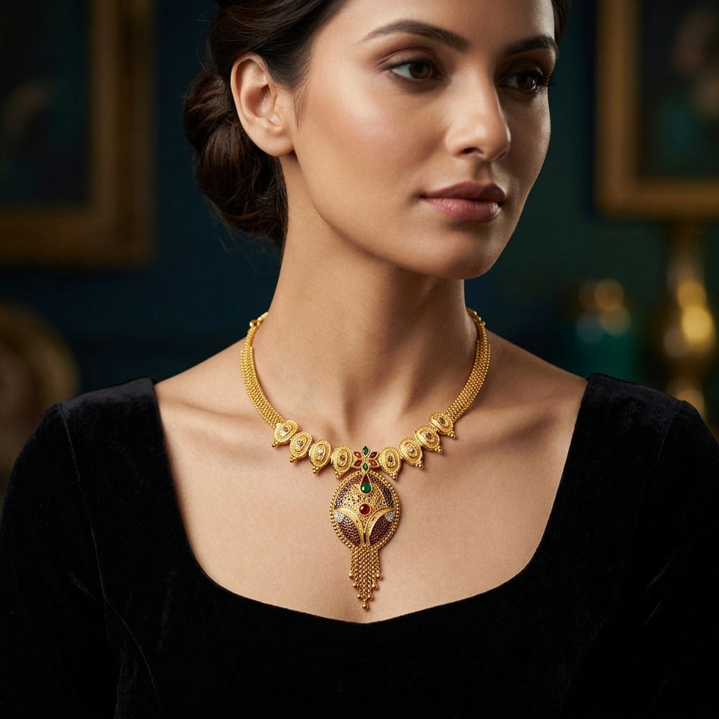 Costume Necklace (S72-01091) in gold, worn by a model – Anjali Jewellers