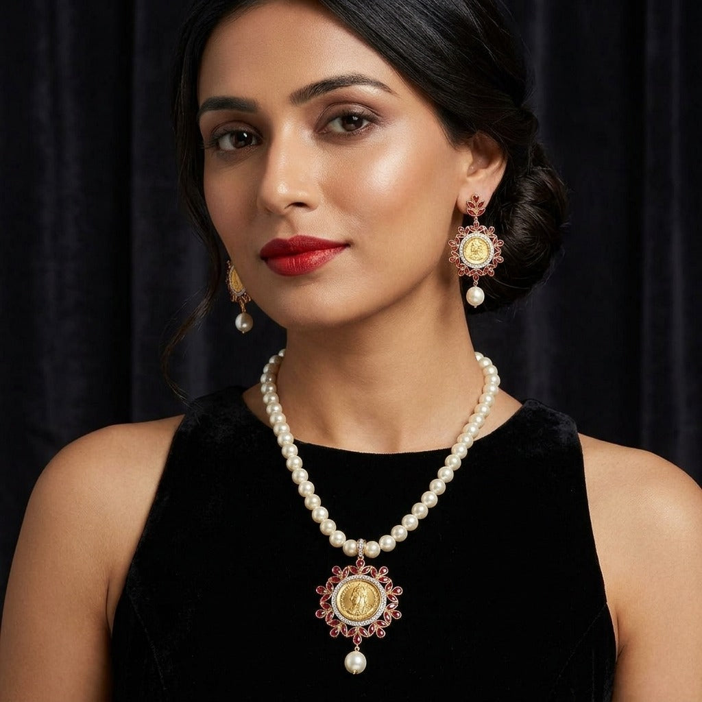 Costume Necklace Set (N64+E66-0699) in pearl, worn by a model – Anjali Jewellers
