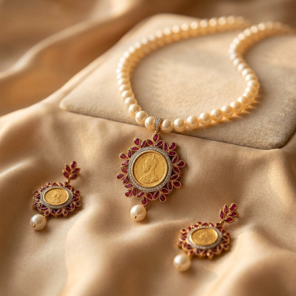 Costume Necklace Set (N64+E66-0699) in pearl, styled on silk fabric – Anjali Jewellers