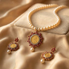Costume Necklace Set (N64+E66-0699) in pearl, styled on silk fabric – Anjali Jewellers