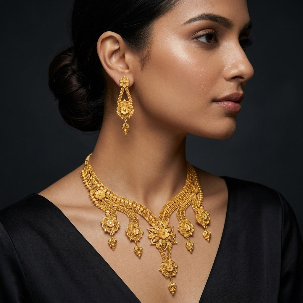 Costume Necklace Set (S72-0334) in gold, worn by a model – Anjali Jewellers