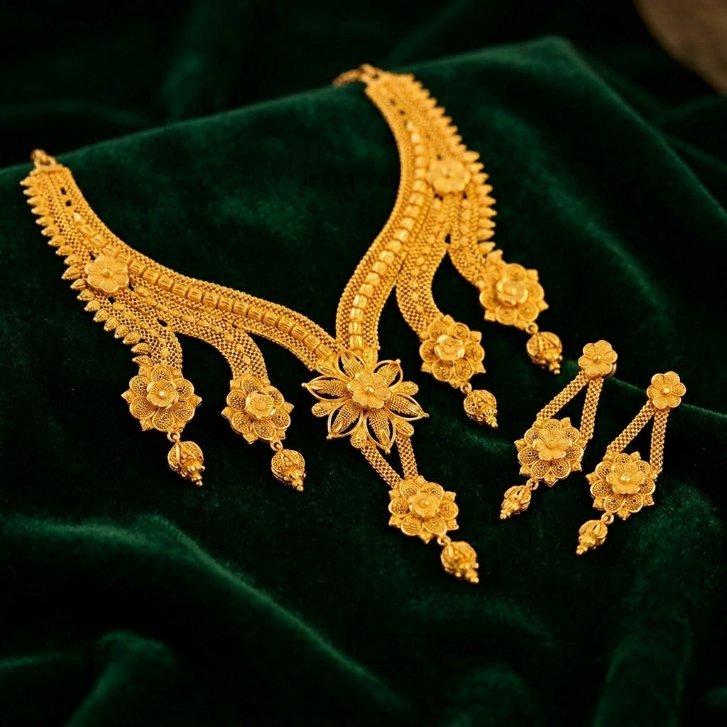 Costume Necklace Set (S72-0334) in gold, styled on velvet – Anjali Jewellers