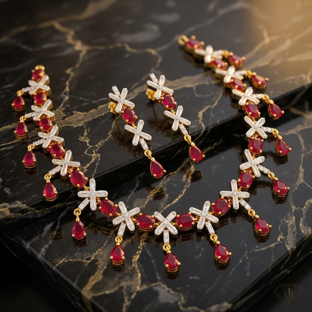 Costume Necklace Set (S72-0339) in ruby and gold, studio product shot – Anjali Jewellers