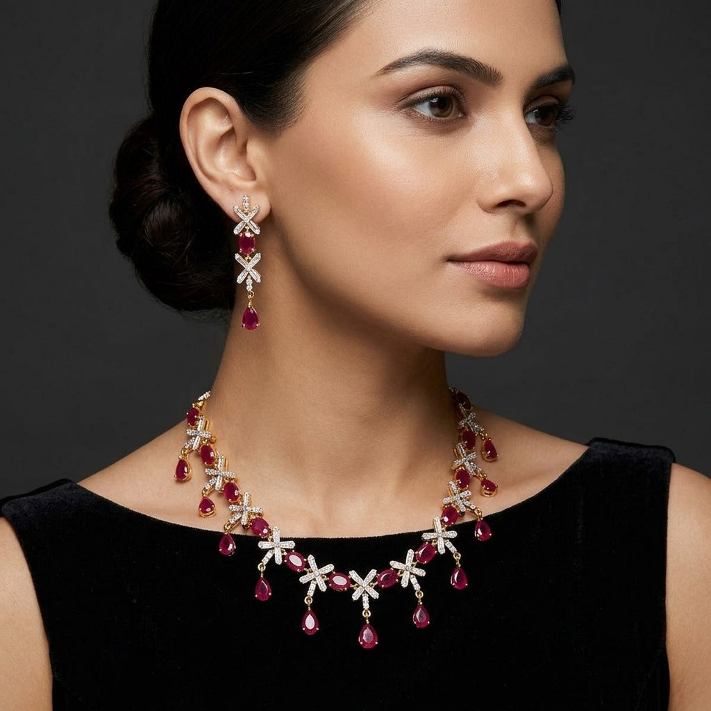 Costume Necklace Set (S72-0339) in ruby, worn by a model – Anjali Jewellers