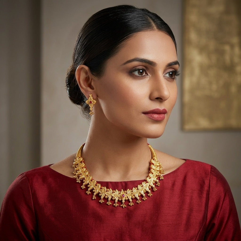 Costume Necklace Set (S72-0354) in gold, worn by a model – Anjali Jewellers