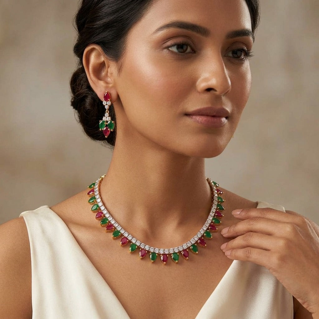 Costume Necklace Set (S72-0465), worn by a model – Anjali Jewellers