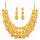 Costume Necklace Set (S72-0693) in gold with floral design, studio product shot – Anjali Jewellers