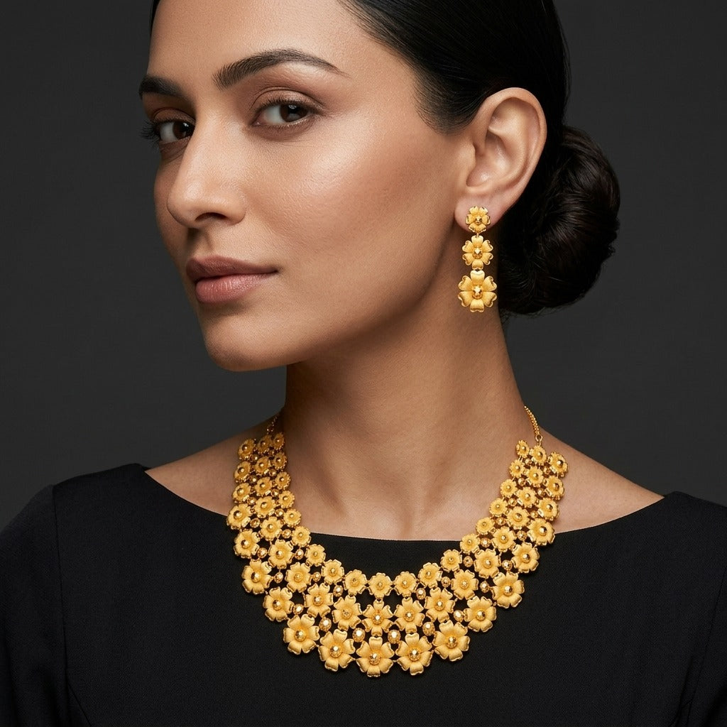 Costume Necklace Set (S72-0693) in gold, worn by a model – Anjali Jewellers