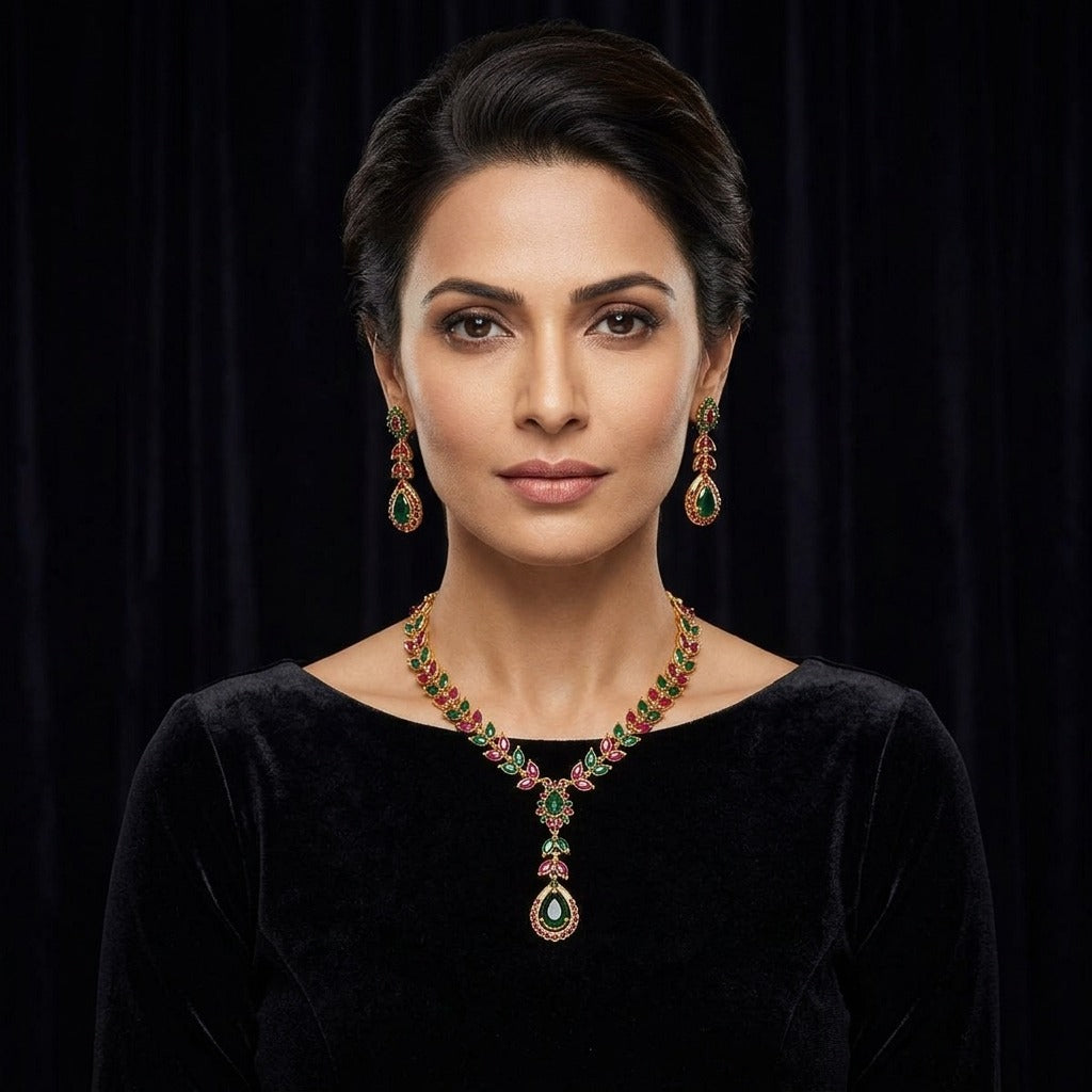 Costume Necklace Set (S72-0712) in gold, worn by a model – Anjali Jewellers