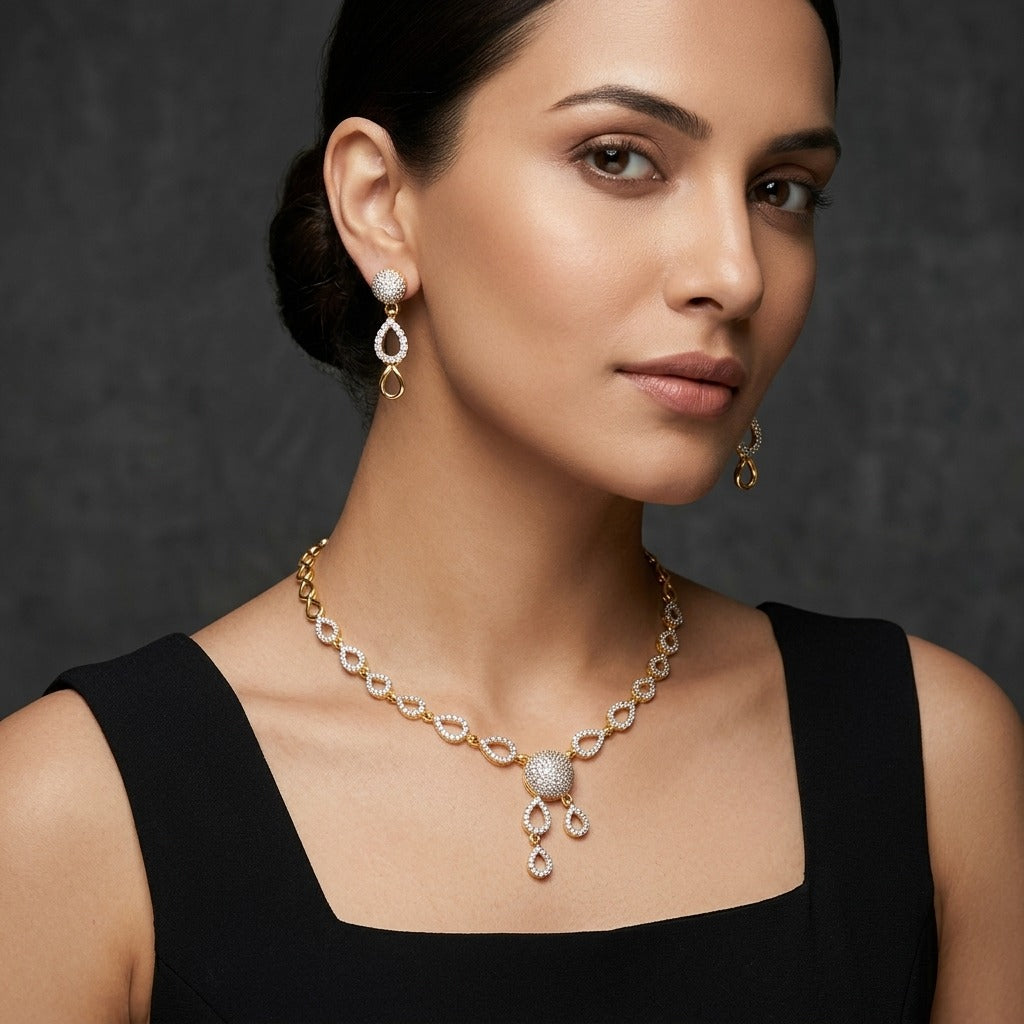 Costume Necklace Set (S72-1152) in gold, worn by a model – Anjali Jewellers