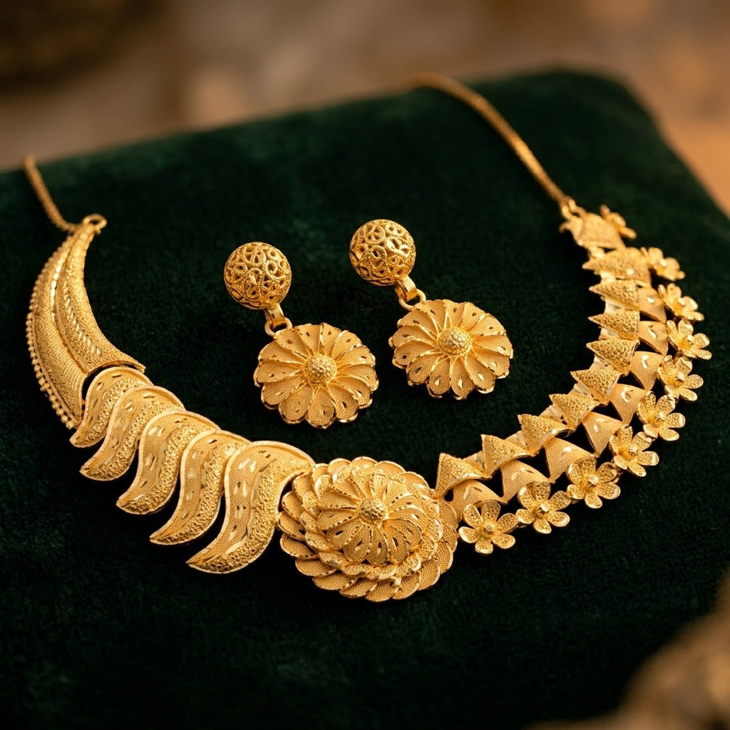 Costume Necklace Set (S72-1200) in gold, styled on velvet – Anjali Jewellers