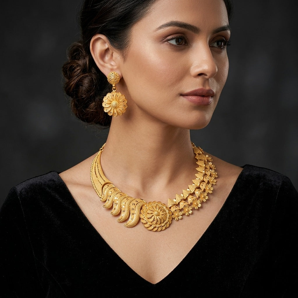 Costume Necklace Set (S72-1200) in gold, worn by a model – Anjali Jewellers