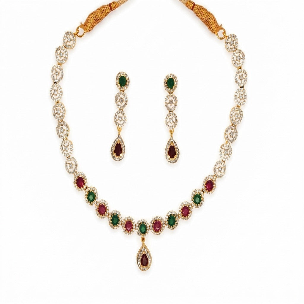 Costume Necklace Set (S72-1205) in gold, on a white background – Anjali Jewellers