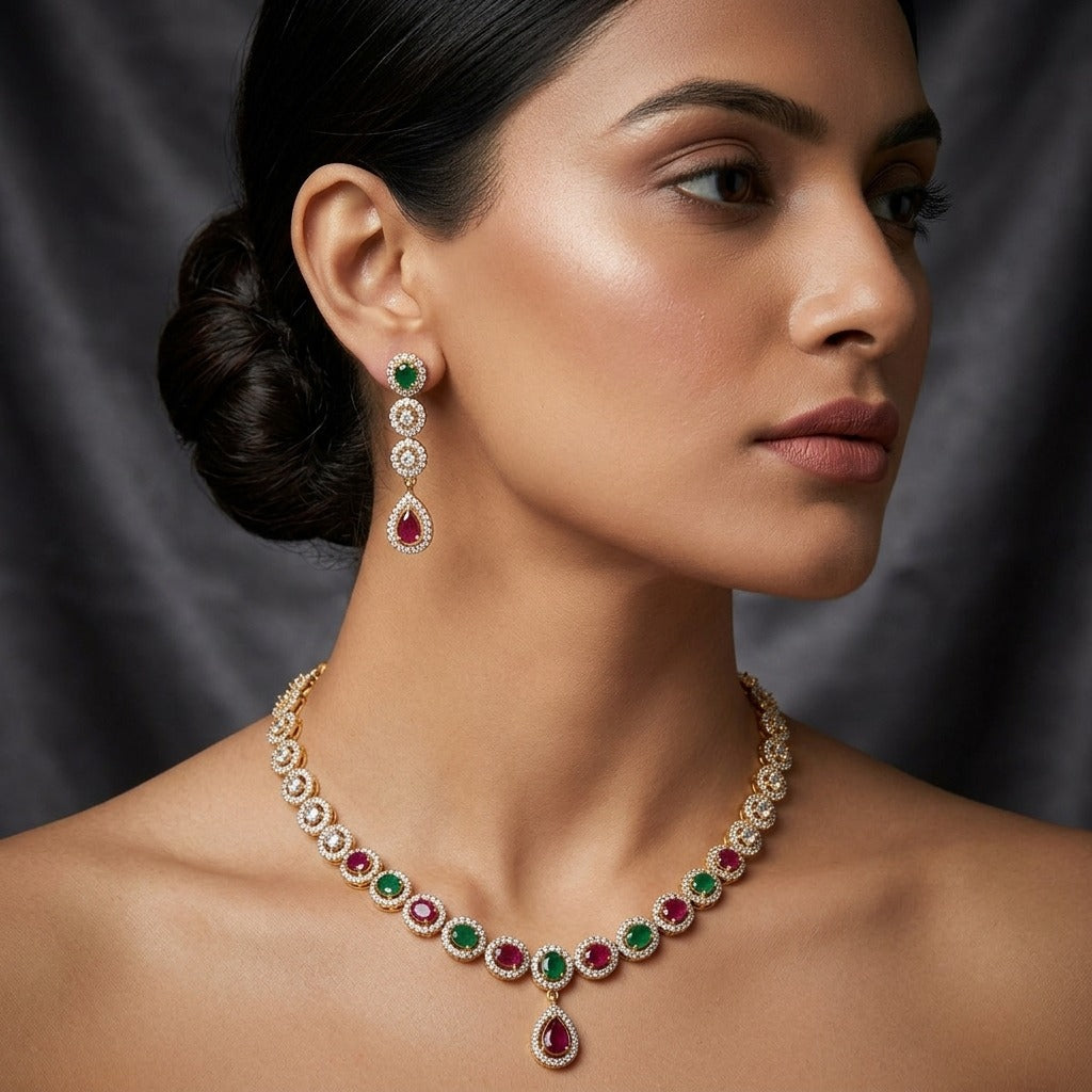 Costume Necklace Set (S72-1205) in ruby, worn by a model – Anjali Jewellers