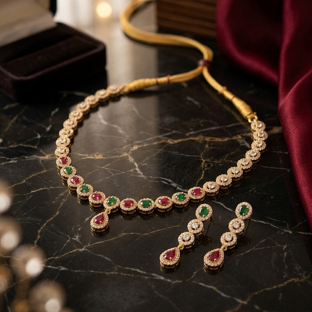 Costume Necklace Set (S72-1205) in gold, styled on a marble surface – Anjali Jewellers