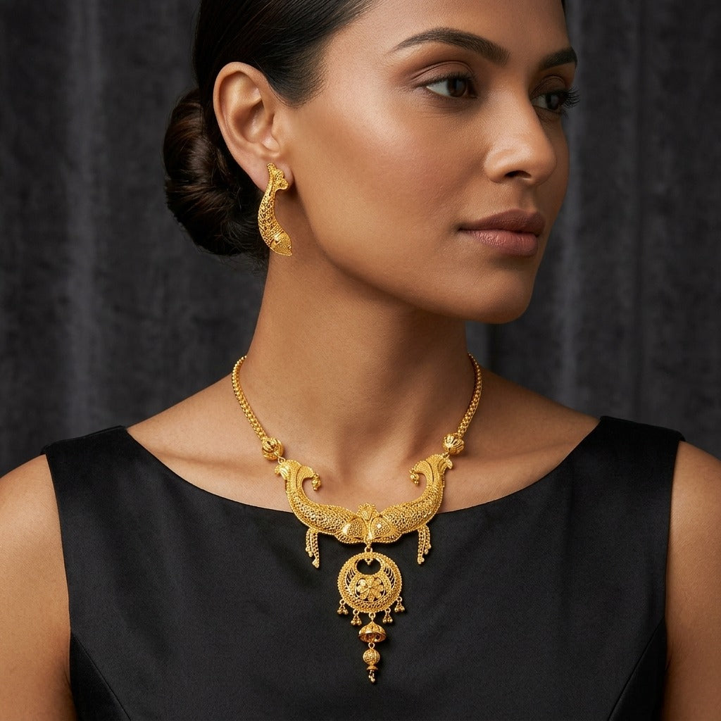 Costume Necklace Set (S72-1233) in gold, worn by a model – Anjali Jewellers