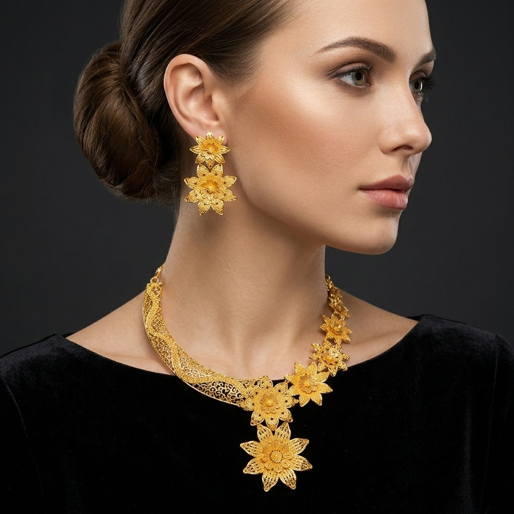 Costume Necklace Set (S72-1301) in gold, worn by a model – Anjali Jewellers