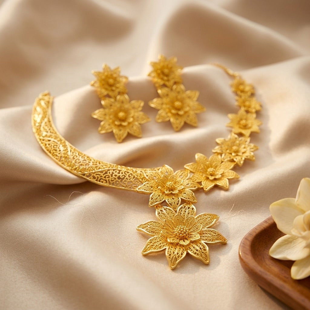 Costume Necklace Set (S72-1301) in gold with floral design, styled on silk fabric – Anjali Jewellers