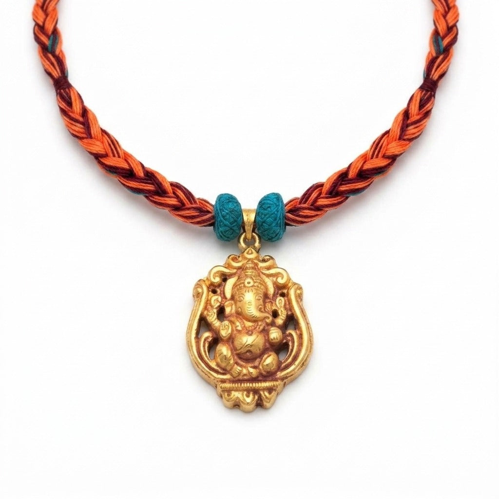 Costume Pendant (N64-04) in gold with Ganesha design, studio product shot – Anjali Jewellers