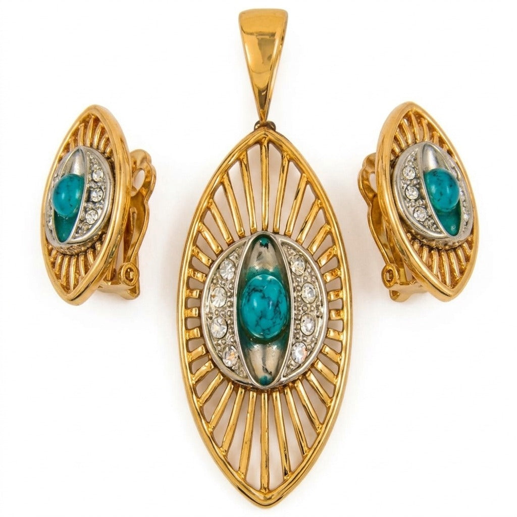 Costume Pendant Set (N64+E66-0340) in gold, on a white background – Anjali Jewellers