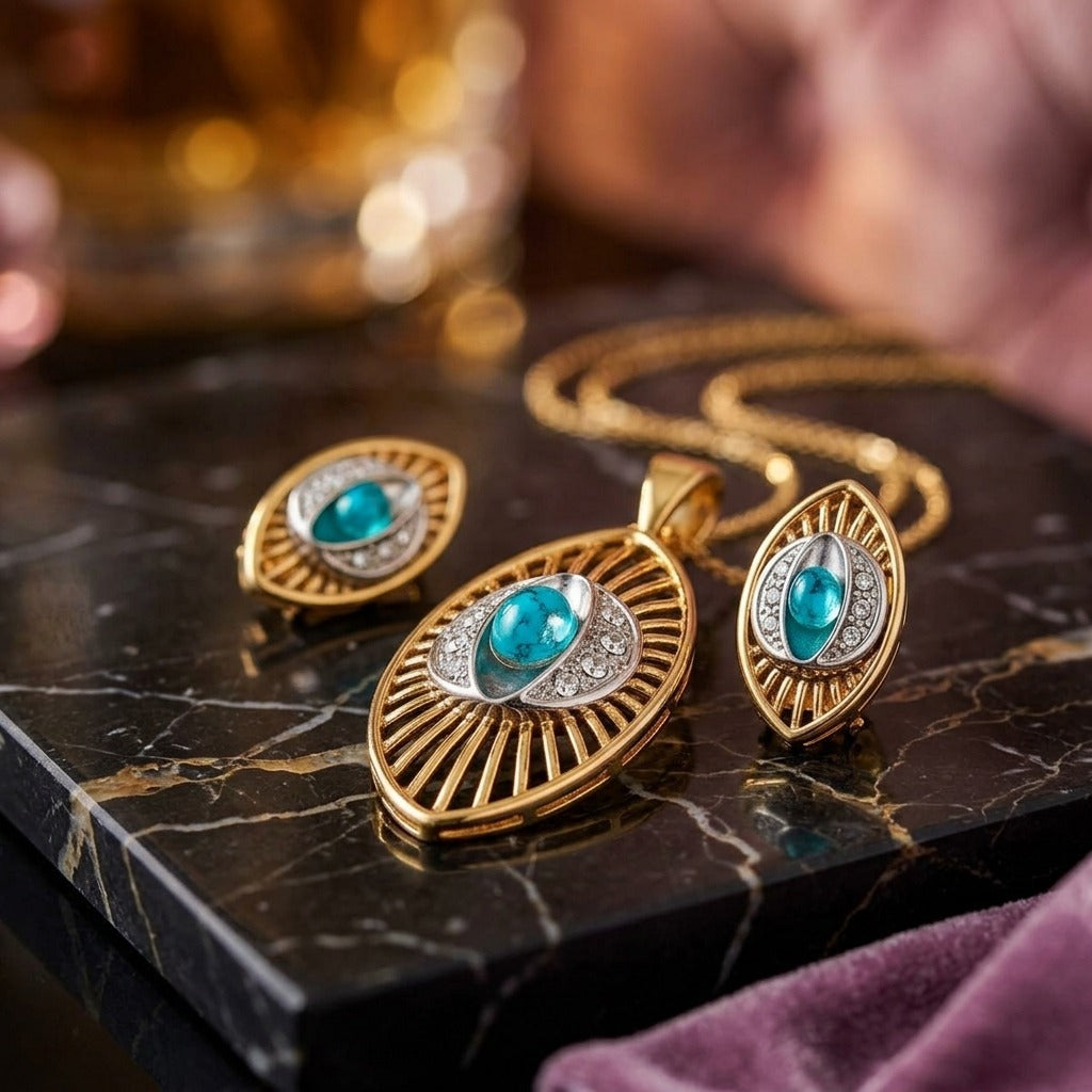 Costume Pendant Set (N64+E66-0340) in turquoise and gold, studio product shot – Anjali Jewellers