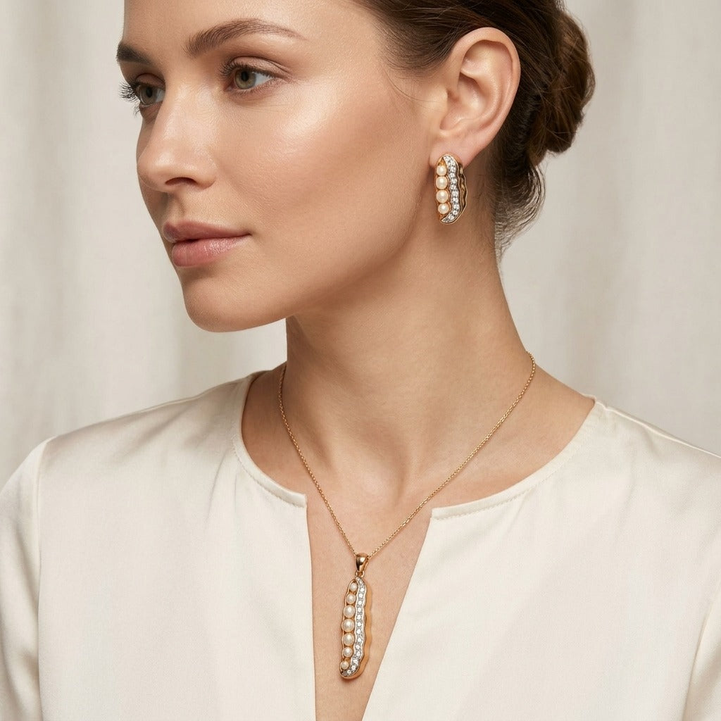 Costume Pendant Set (N64+E66-0345) in gold, worn by a model – Anjali Jewellers