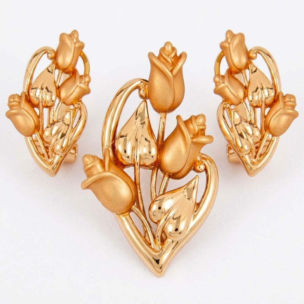 Costume Pendant Set (N64+E66-0346) in gold with rose design, on a white background – Anjali Jewellers