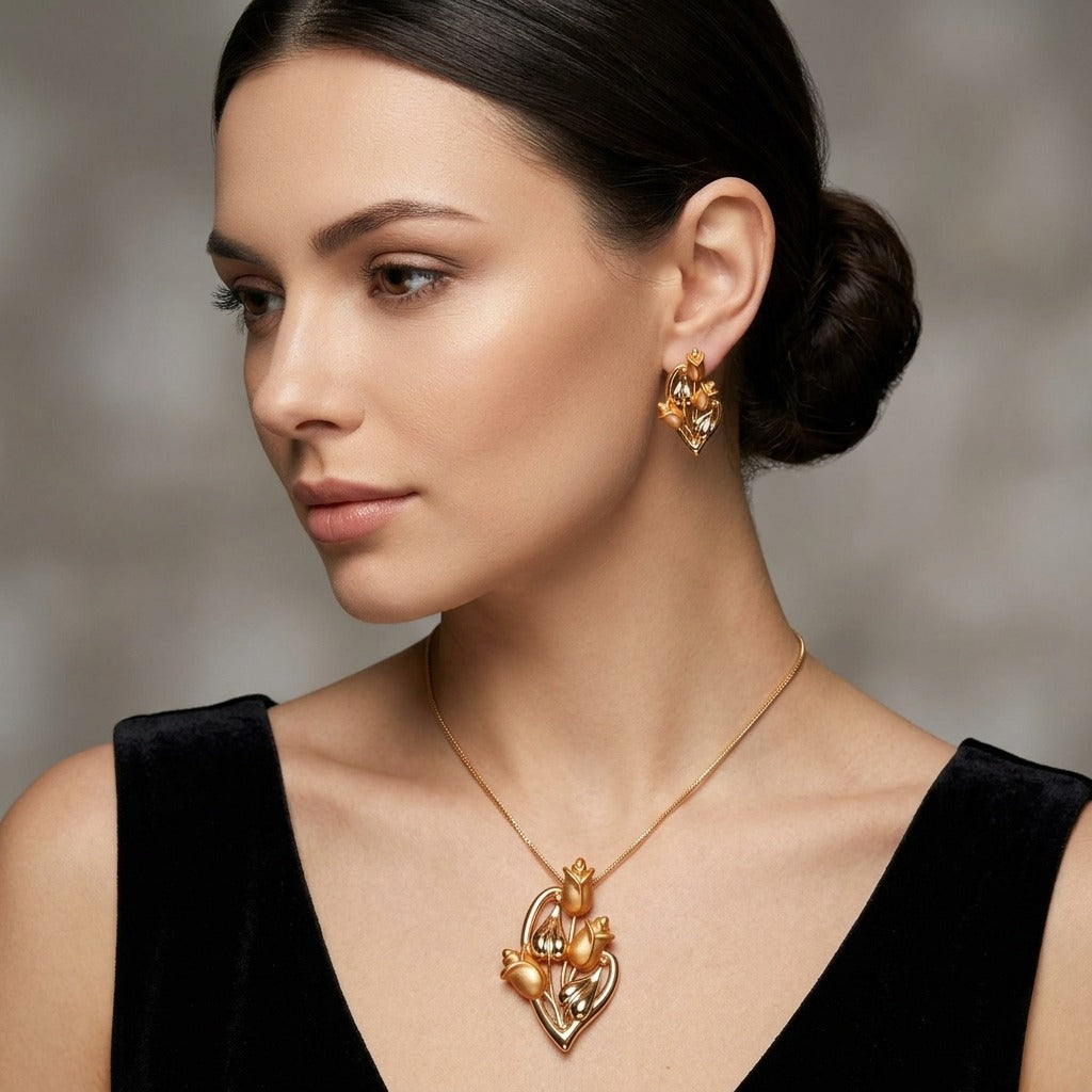 Costume Pendant Set (N64+E66-0346) in gold with rose design, worn by a model – Anjali Jewellers