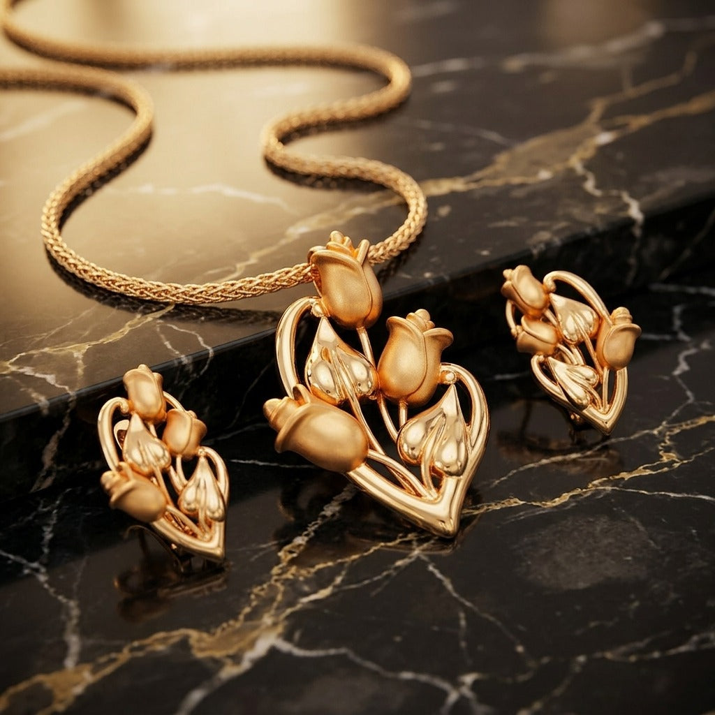 Costume Pendant Set (N64+E66-0346) in gold with rose design, styled on a marble surface – Anjali Jewellers