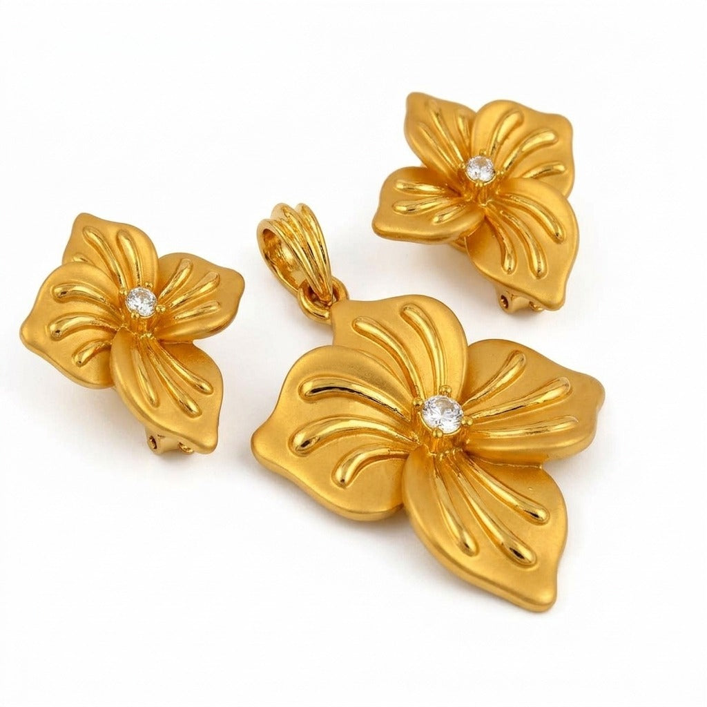 Costume Pendant Set (N64+E66-0351) in gold with floral design, studio product shot – Anjali Jewellers