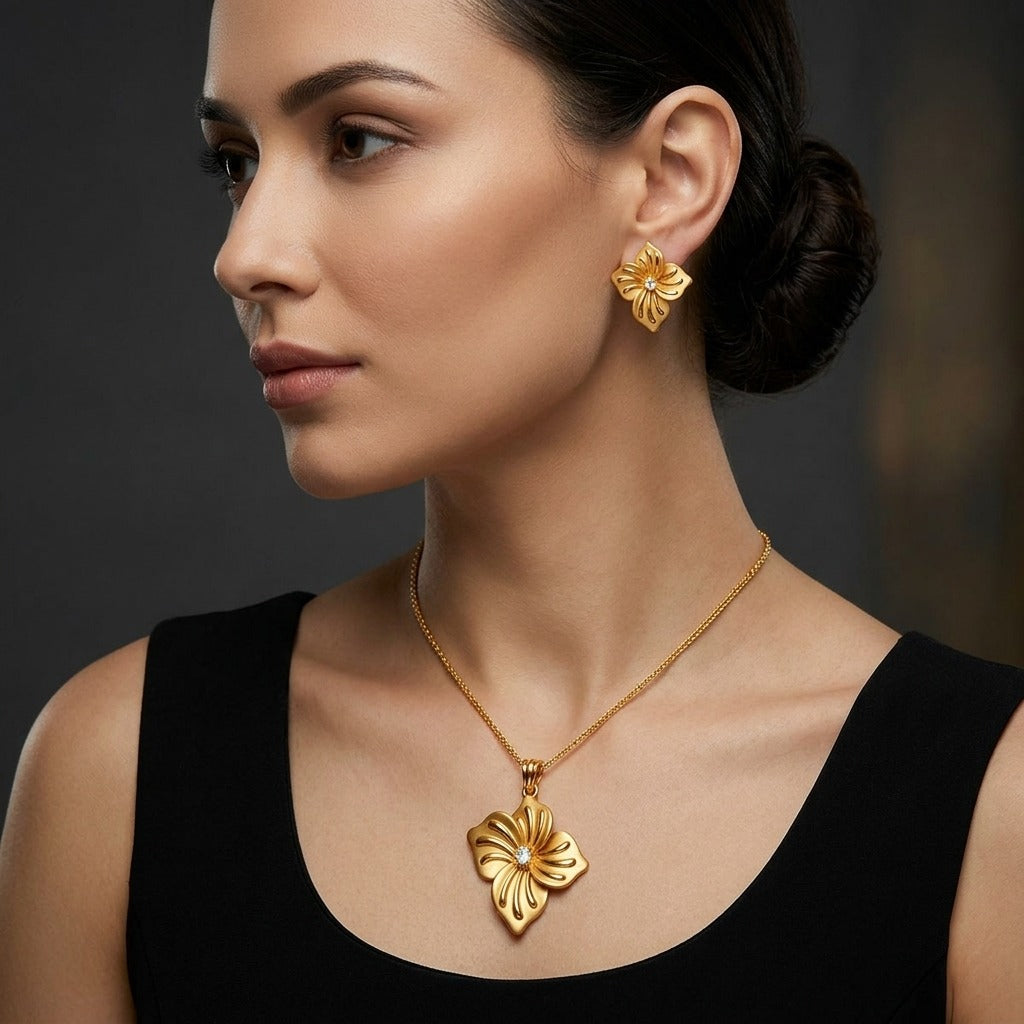 Costume Pendant Set (N64+E66-0351) in gold, worn by a model – Anjali Jewellers