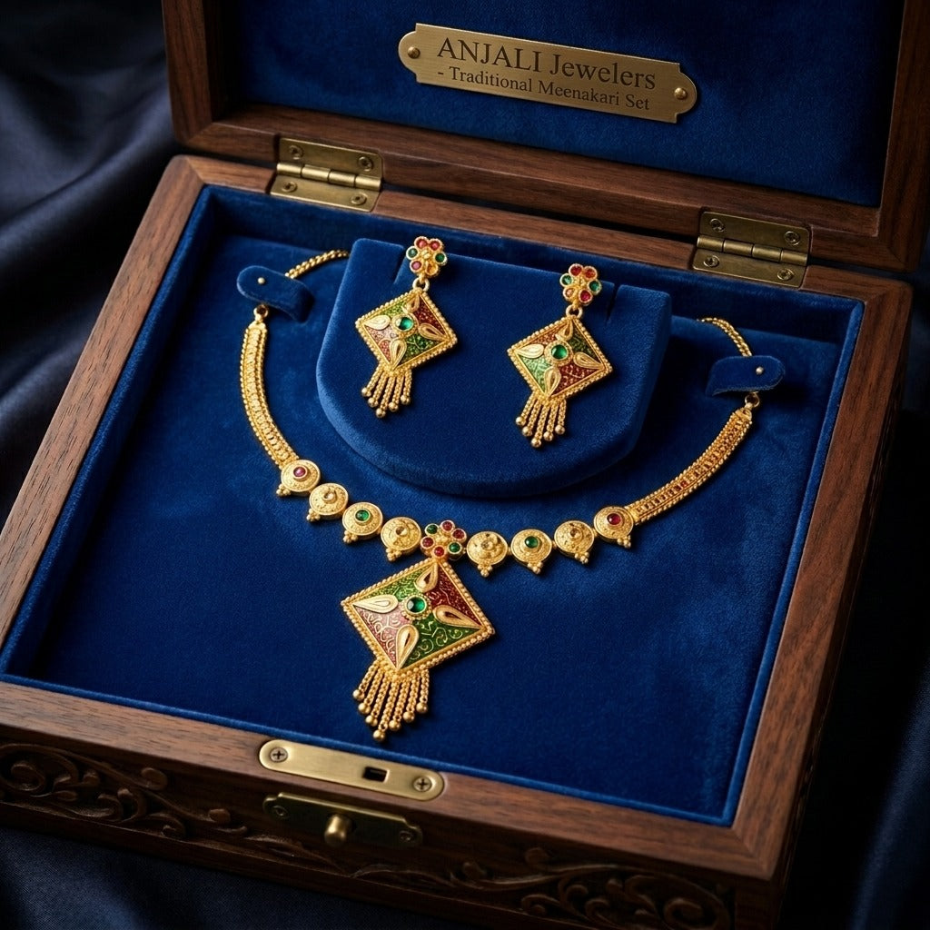Costume Pendant Set (S72-01089) in gold, styled on wood – Anjali Jewellers