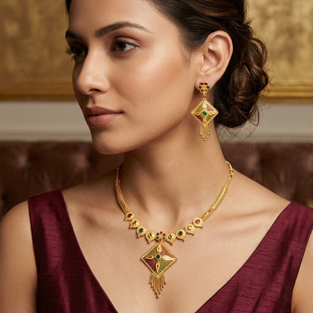Costume Pendant Set (S72-01089) in gold, worn by a model – Anjali Jewellers