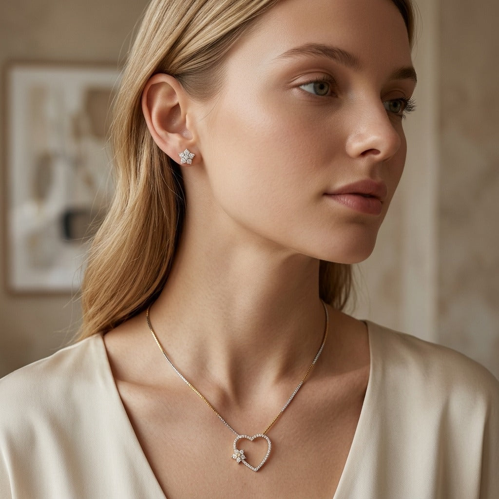 Costume Pendant Set (S72-0562) with heart design, worn by a model – Anjali Jewellers