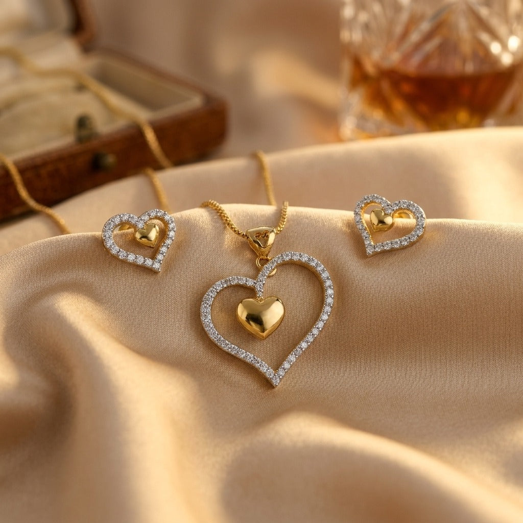 Costume Pendant Set (S72-1281) with heart design, styled on silk fabric – Anjali Jewellers